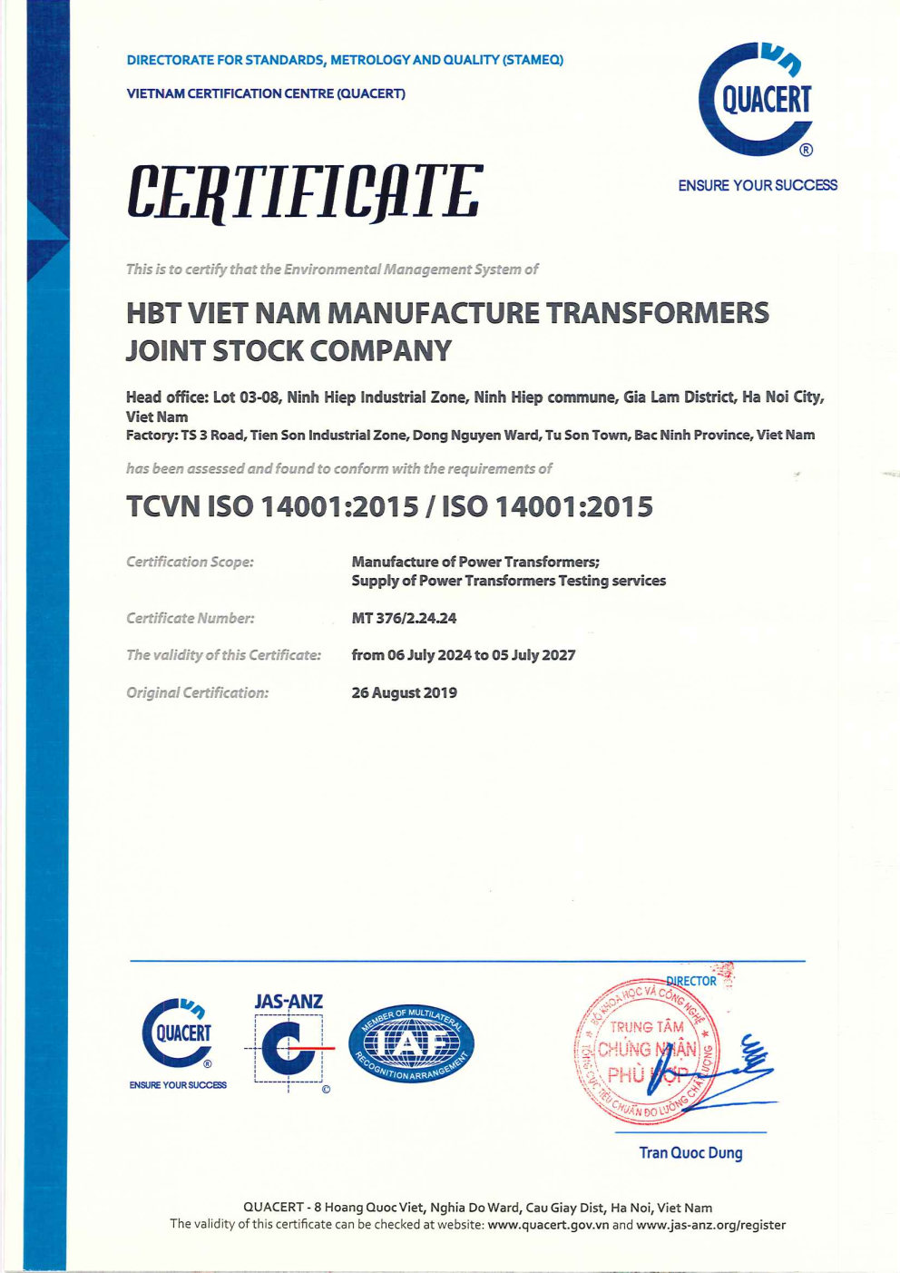 ISO 14001:2015 Environmental Management Certificate