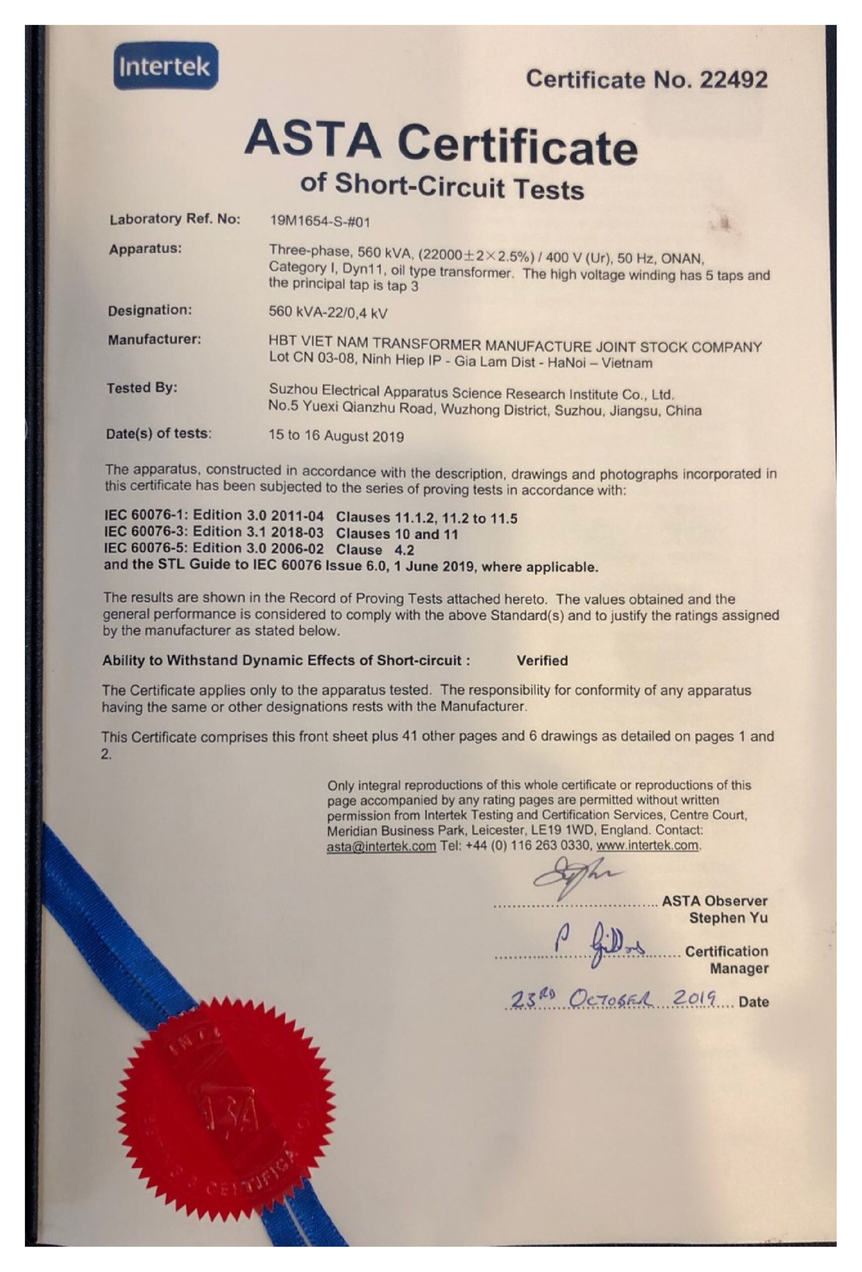 Short Circuit Withstand Test Certificate 22kV 560kVA SOTEK