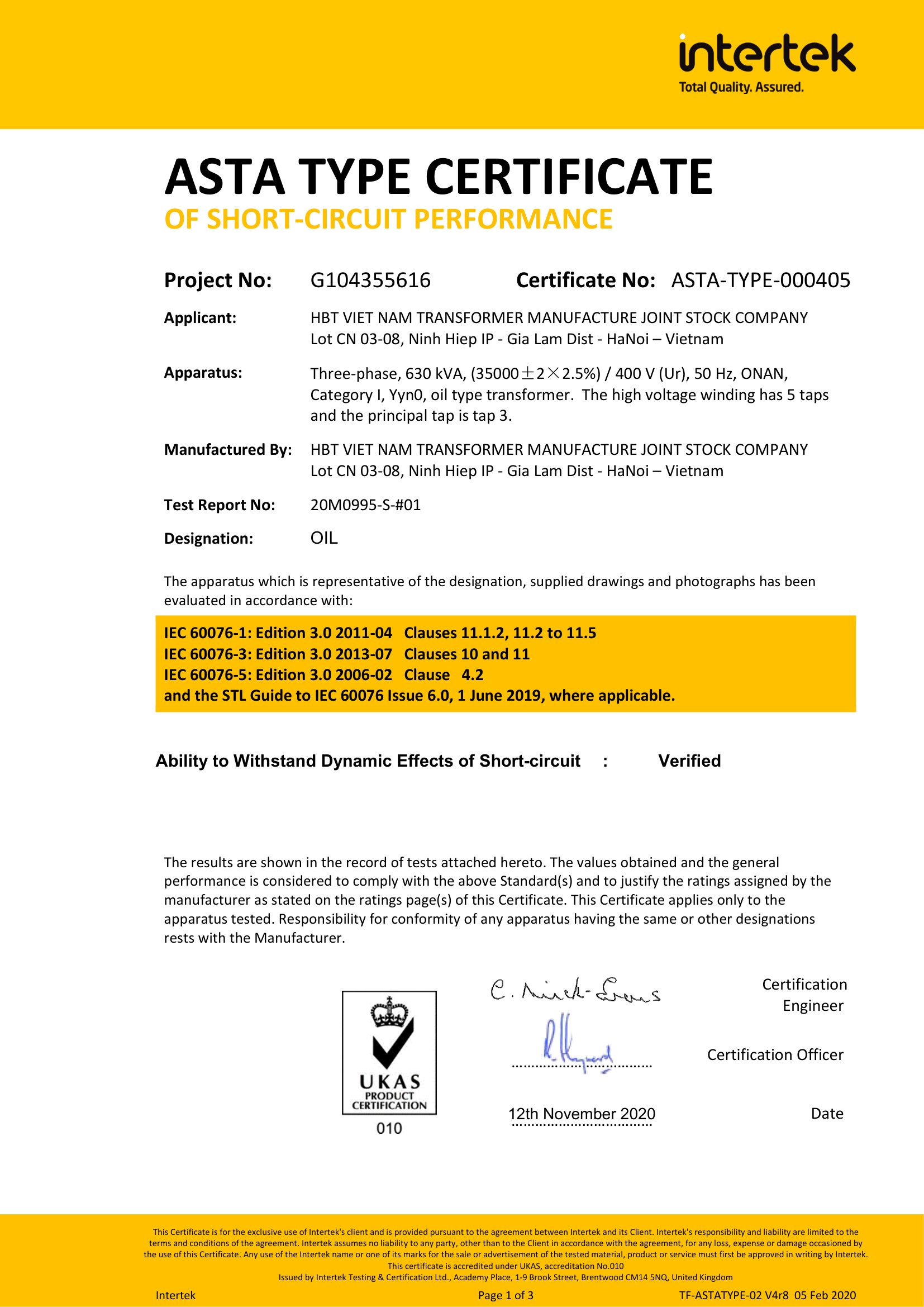 Short Circuit Withstand Test Certificate 35kV 630kVA SOTEK