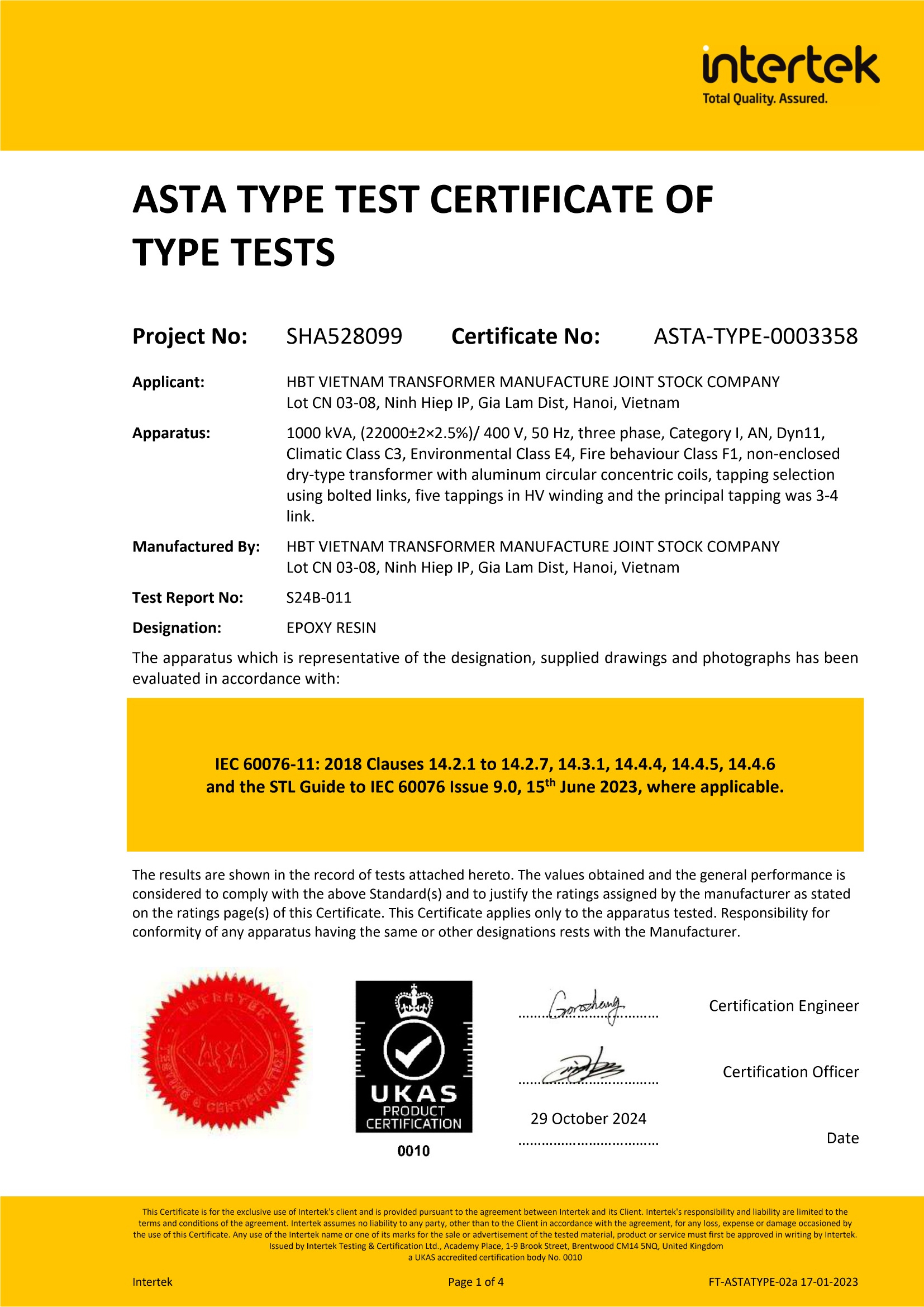 ASTA Type Test Certificate 1000kVA C3-E4-F1 Dry-Type Transformer SOTEK