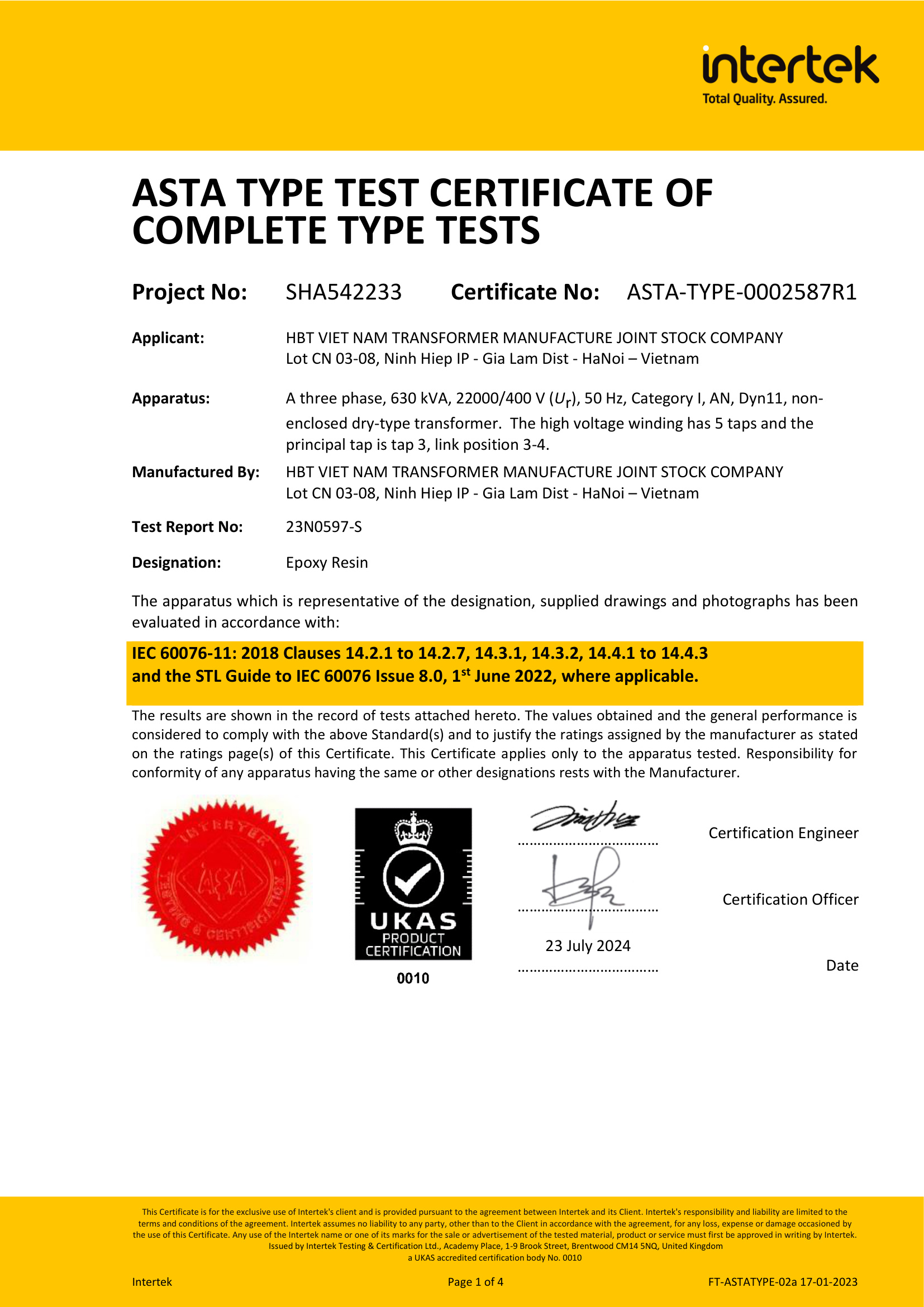 ASTA Complete Type Test Certificate 630kVA Dry-Type Transformer SOTEK